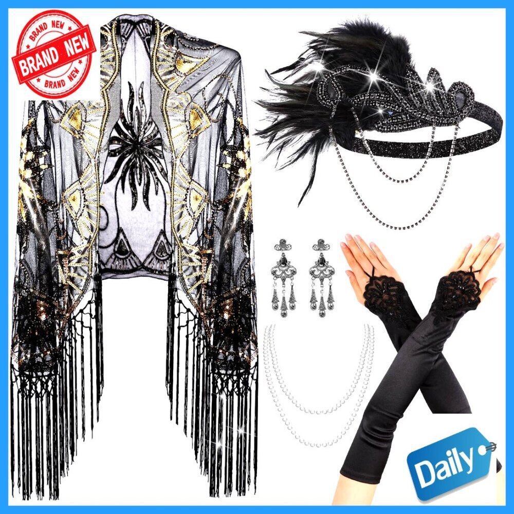 1920s Flapper Accessory Set Feather Headband Pearl Necklace Earrings Gloves Cape